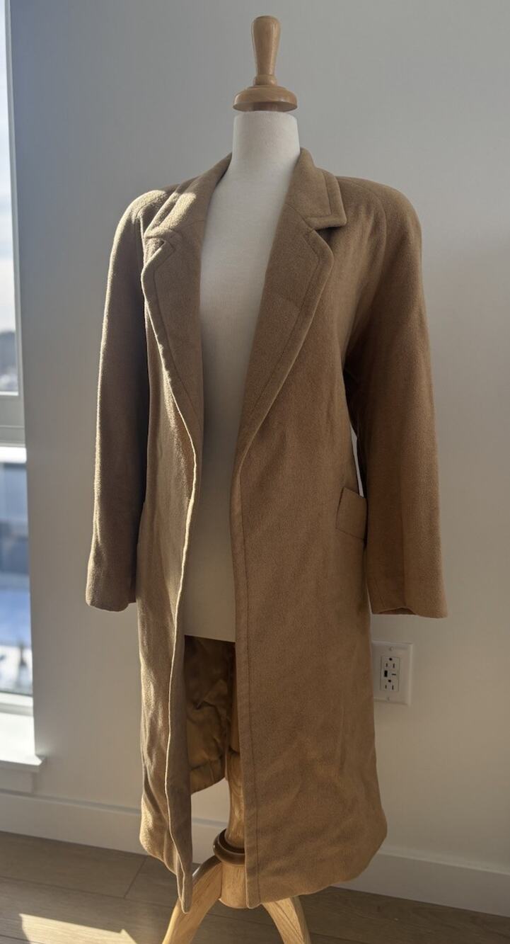 Soft Vintage Fleurette 100% Camel Hair Brown Tan Open Front Coat W/ Wear XL